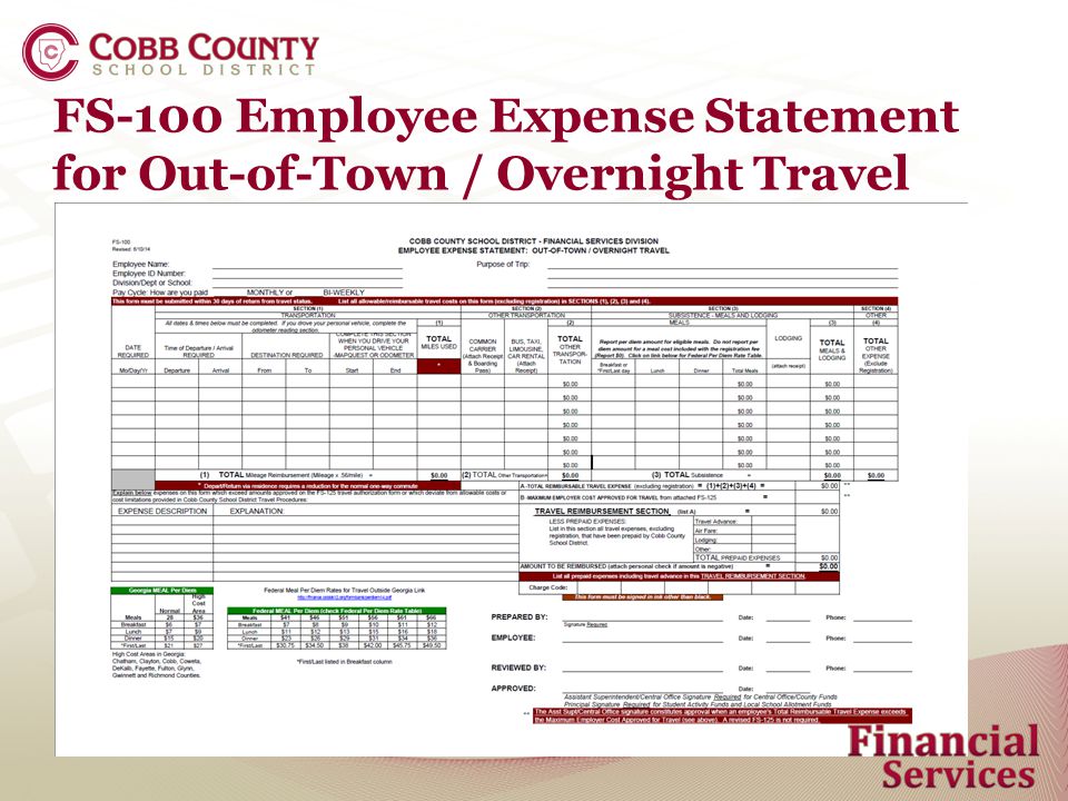 FS-100 Employee Expense Statement for Out-of-Town / Overnight Travel