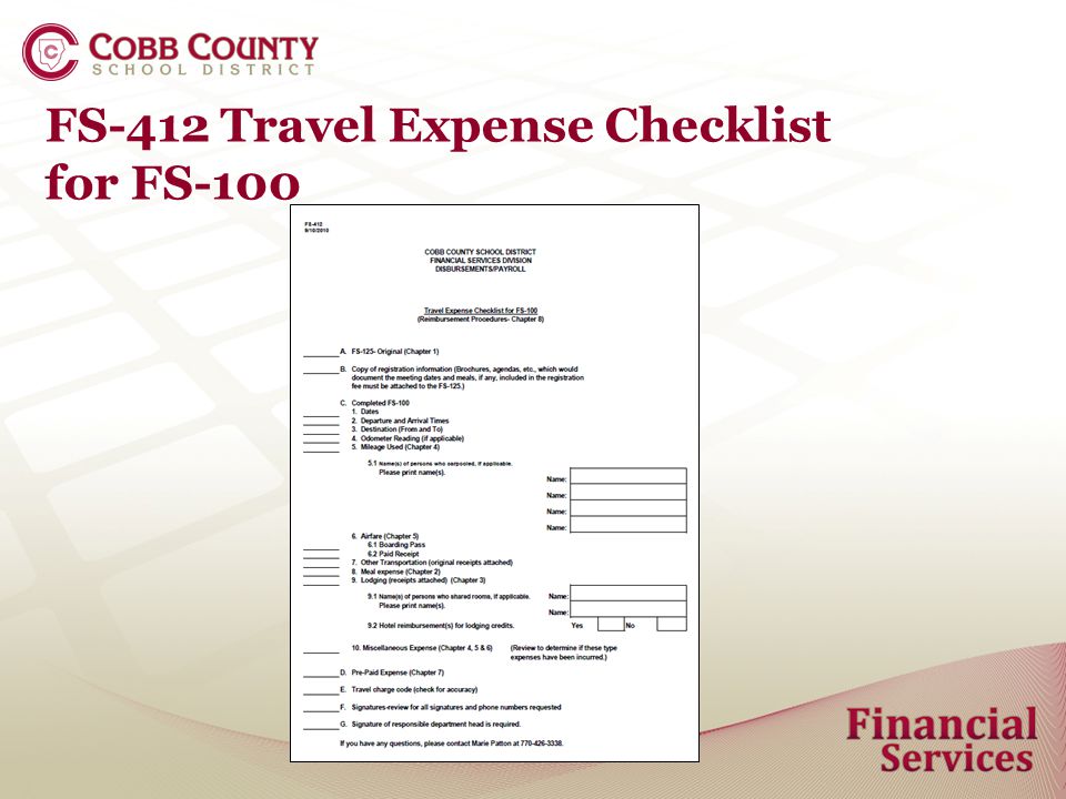 FS-412 Travel Expense Checklist for FS-100