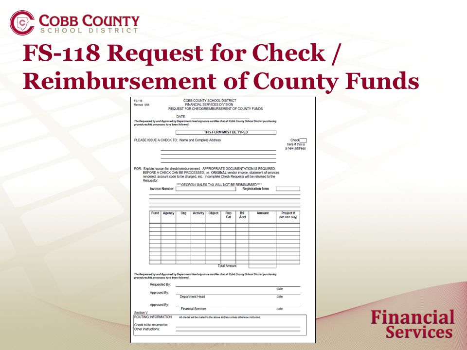 FS-118 Request for Check / Reimbursement of County Funds