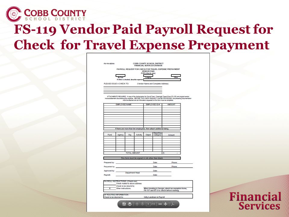 FS-119 Vendor Paid Payroll Request for Check for Travel Expense Prepayment