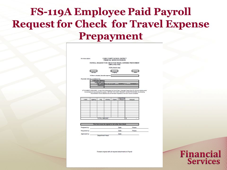 FS-119A Employee Paid Payroll Request for Check for Travel Expense Prepayment