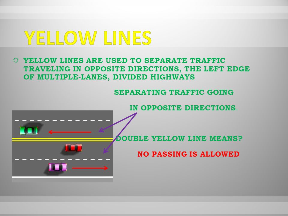 YYELLOW LINES ARE USED TO SEPARATE TRAFFIC TRAVELING IN OPPOSITE DIRECTIONS, THE LEFT EDGE OF MULTIPLE-LANES, DIVIDED HIGHWAYS SEPARATING TRAFFIC GOING IN OPPOSITE DIRECTIONS.