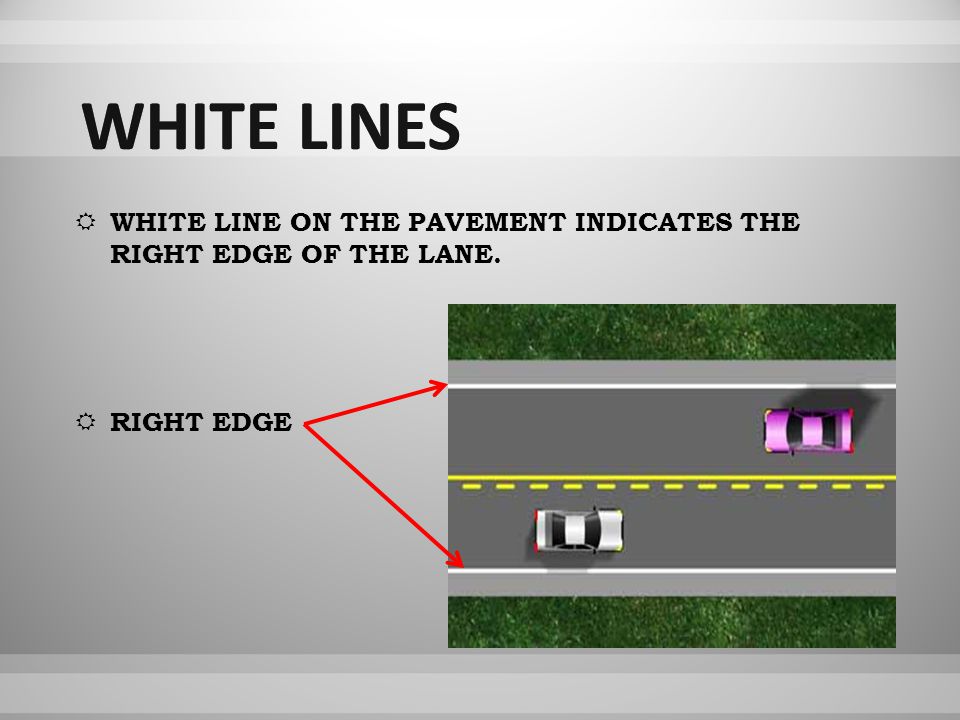 WWHITE LINE ON THE PAVEMENT INDICATES THE RIGHT EDGE OF THE LANE. RRIGHT EDGE
