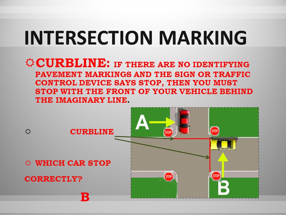 CCURBLINE: IF THERE ARE NO IDENTIFYING PAVEMENT MARKINGS AND THE SIGN OR TRAFFIC CONTROL DEVICE SAYS STOP, THEN YOU MUST STOP WITH THE FRONT OF YOUR VEHICLE BEHIND THE IMAGINARY LINE.