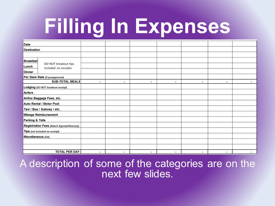 Filling In Expenses A description of some of the categories are on the next few slides.