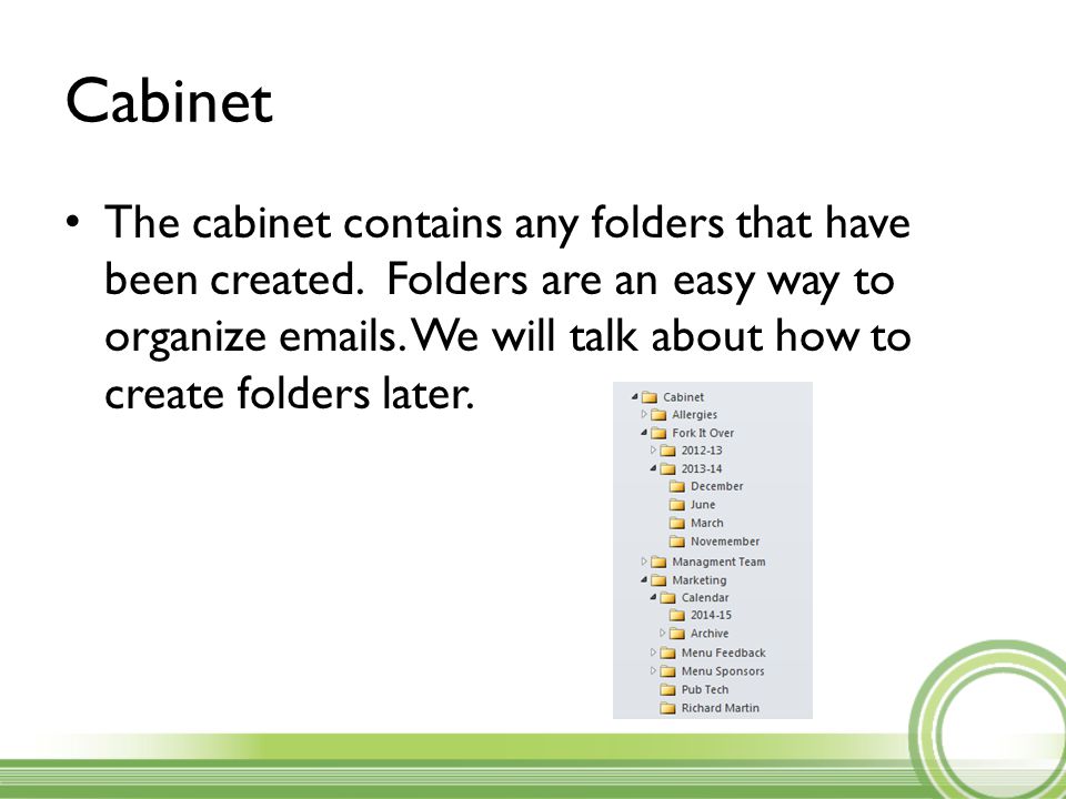 Cabinet The cabinet contains any folders that have been created.