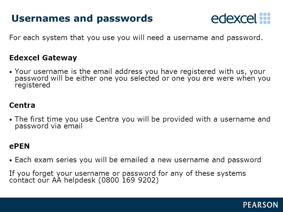 Usernames and passwords For each system that you use you will need a username and password.