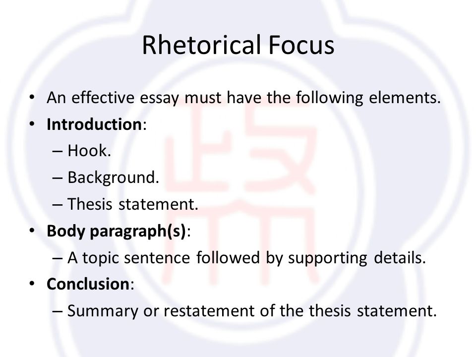 Rhetorical Focus An effective essay must have the following elements.