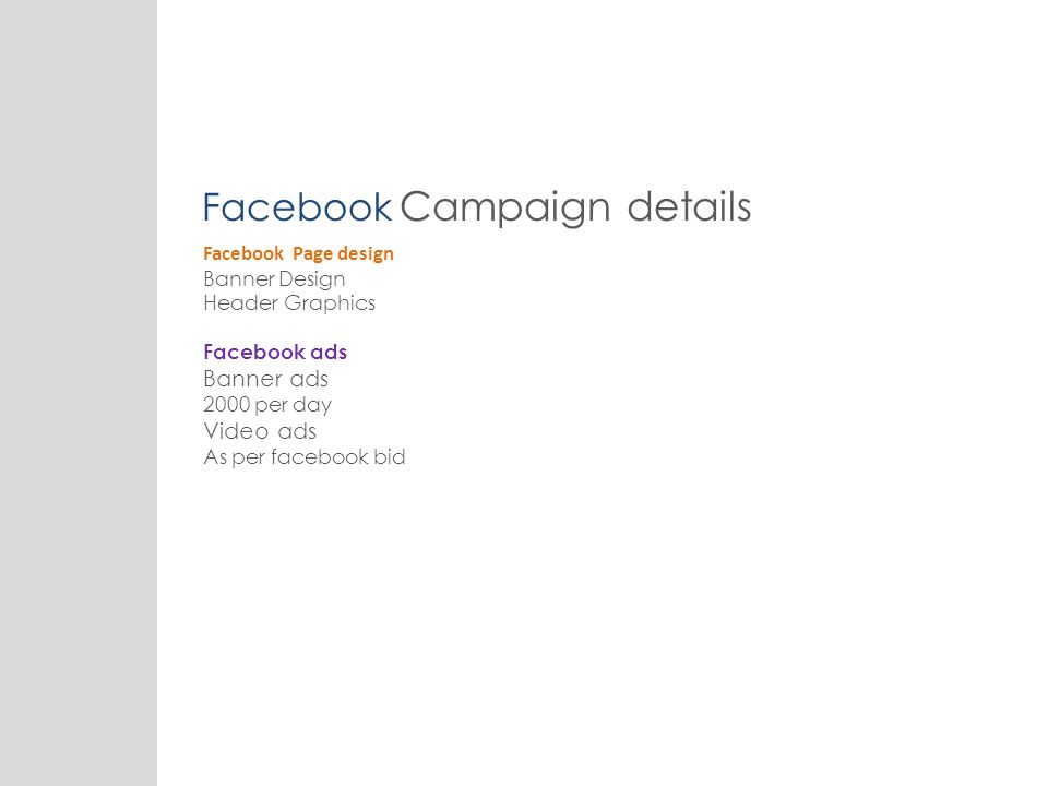 Facebook Page design Banner Design Header Graphics Facebook ads Banner ads 2000 per day Video ads As per facebook bid Facebook Campaign details