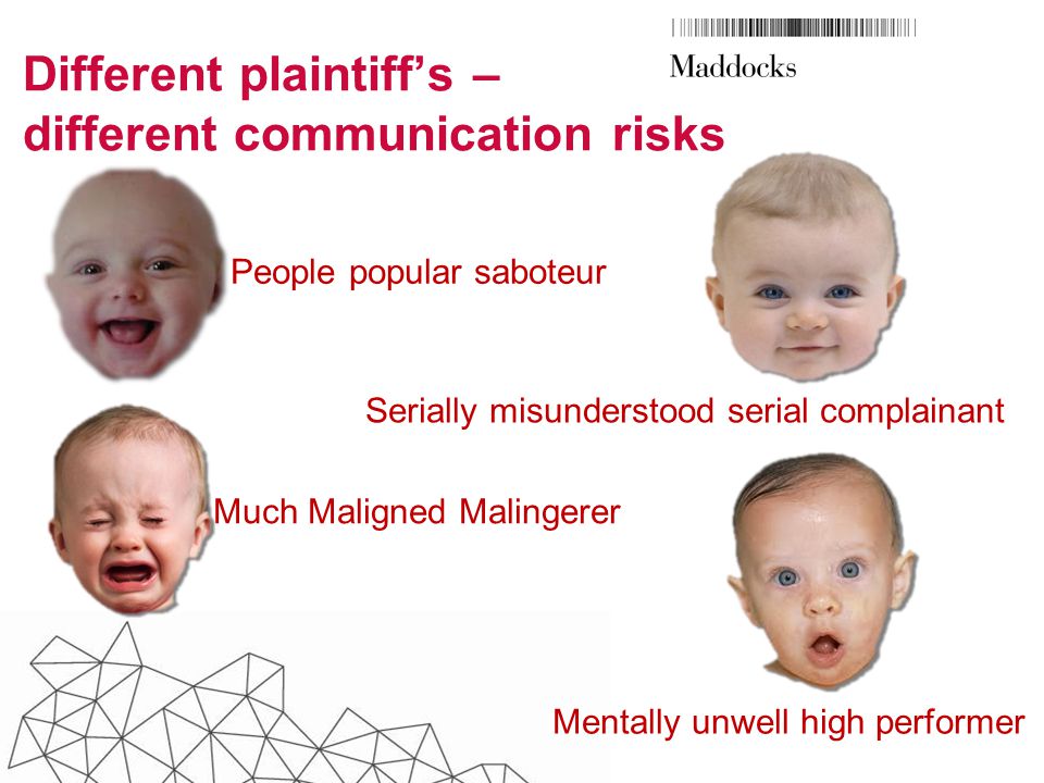 Different plaintiff’s – different communication risks Serially misunderstood serial complainant People popular saboteur Much Maligned Malingerer Mentally unwell high performer