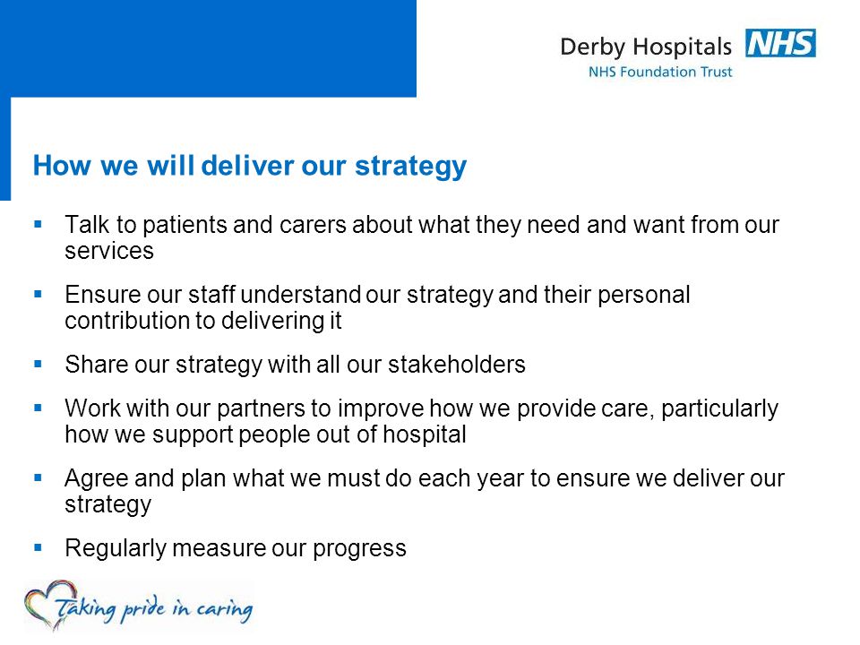 How we will deliver our strategy  Talk to patients and carers about what they need and want from our services  Ensure our staff understand our strategy and their personal contribution to delivering it  Share our strategy with all our stakeholders  Work with our partners to improve how we provide care, particularly how we support people out of hospital  Agree and plan what we must do each year to ensure we deliver our strategy  Regularly measure our progress