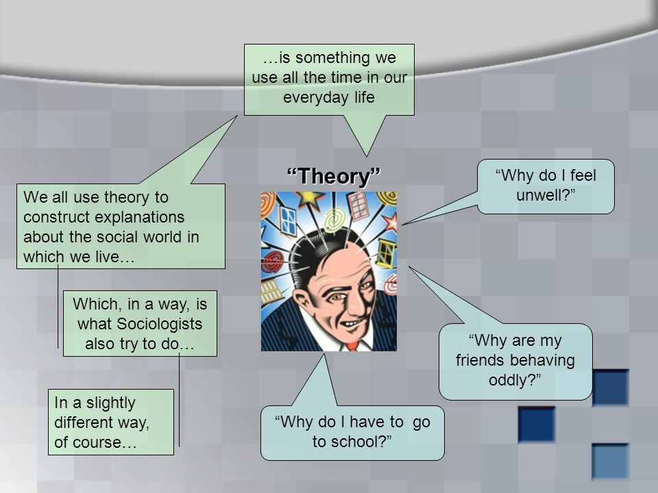 Theory …is something we use all the time in our everyday life Why do I feel unwell Why are my friends behaving oddly Why do I have to go to school We all use theory to construct explanations about the social world in which we live… Which, in a way, is what Sociologists also try to do… In a slightly different way, of course…