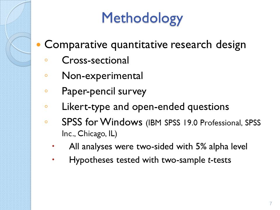 Methodology Methodology Comparative quantitative research design ◦ Cross-sectional ◦ Non-experimental ◦ Paper-pencil survey ◦ Likert-type and open-ended questions ◦ SPSS for Windows (IBM SPSS 19.0 Professional, SPSS Inc., Chicago, IL)  All analyses were two-sided with 5% alpha level  Hypotheses tested with two-sample t-tests 7