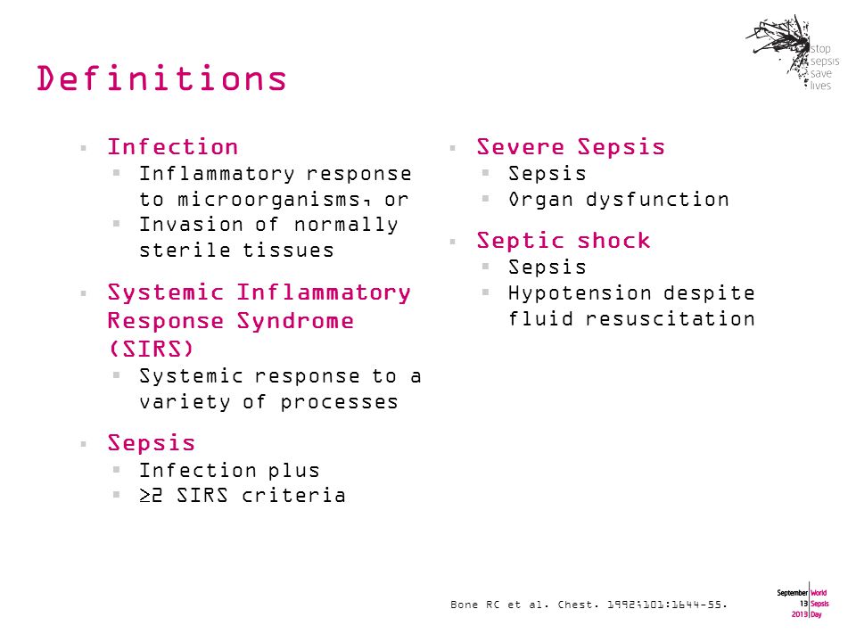 Definitions  Infection  Inflammatory response to microorganisms, or  Invasion of normally sterile tissues  Systemic Inflammatory Response Syndrome (SIRS)  Systemic response to a variety of processes  Sepsis  Infection plus   2 SIRS criteria  Severe Sepsis  Sepsis  Organ dysfunction  Septic shock  Sepsis  Hypotension despite fluid resuscitation Bone RC et al.