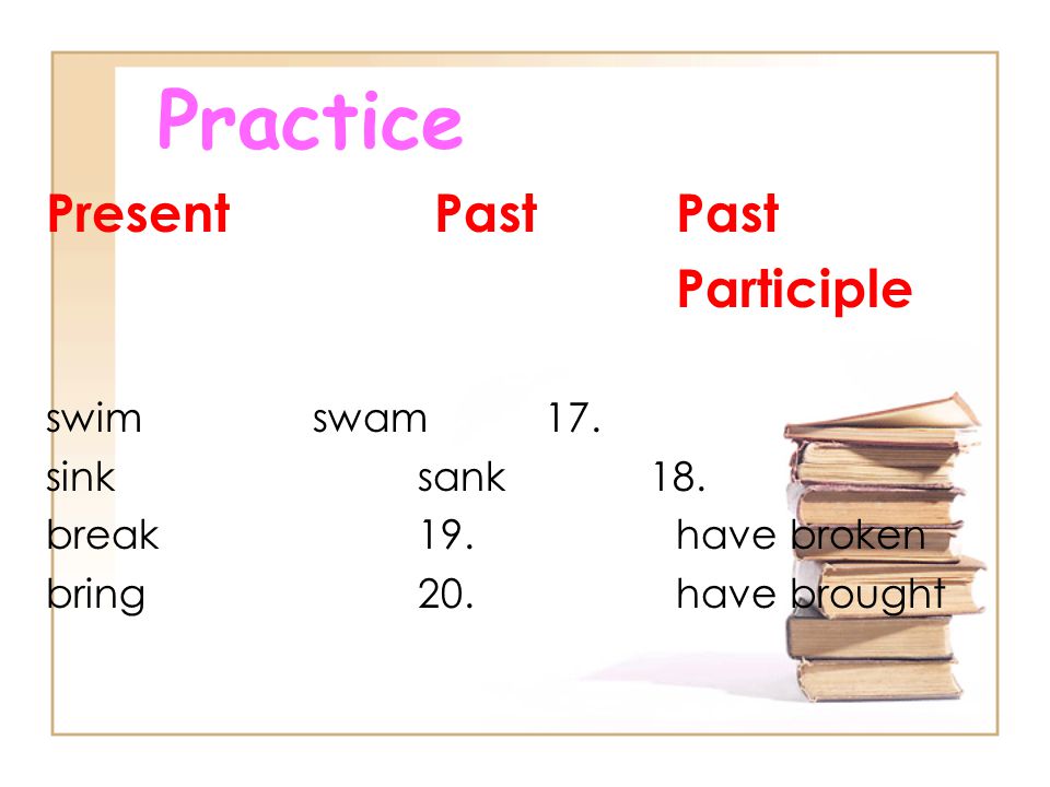 Practice Present Past Past Participle swim swam 17.