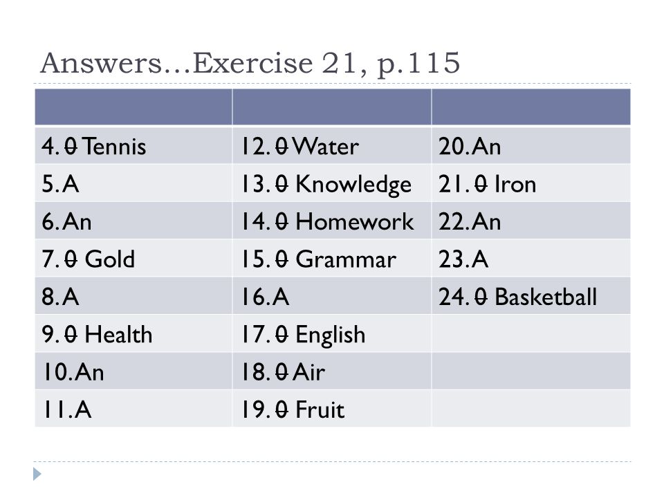 Answers…Exercise 21, p An12. 0 Water4. 0 Tennis 21.