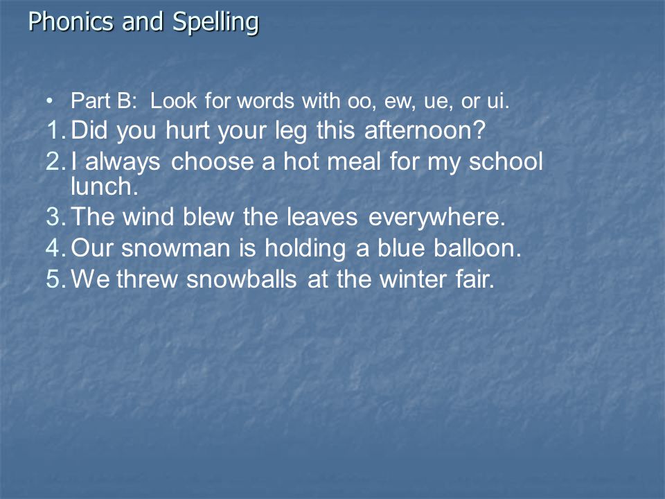 Phonics and Spelling Part B: Look for words with oo, ew, ue, or ui.