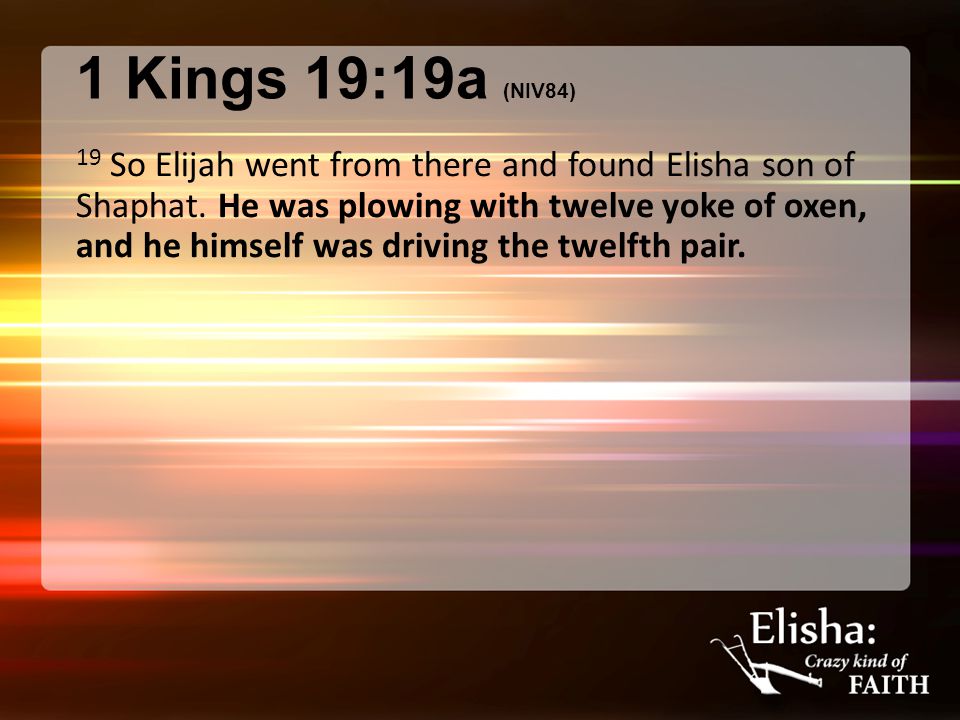 1 Kings 19:19a (NIV84) 19 So Elijah went from there and found Elisha son of Shaphat.