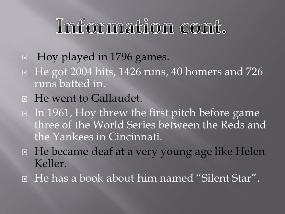  Hoy played in 1796 games.  He got 2004 hits, 1426 runs, 40 homers and 726 runs batted in.