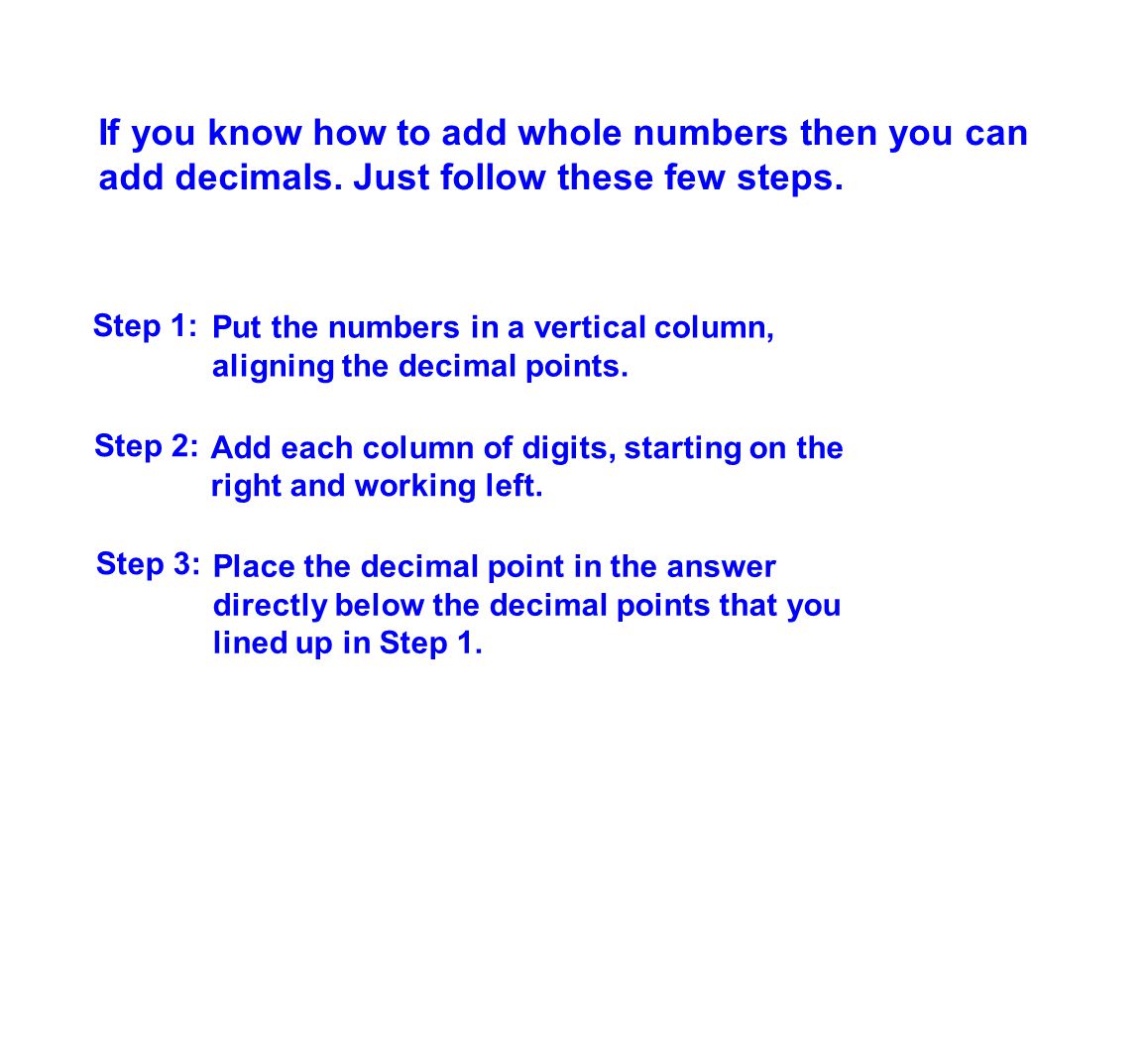 If you know how to add whole numbers then you can add decimals.