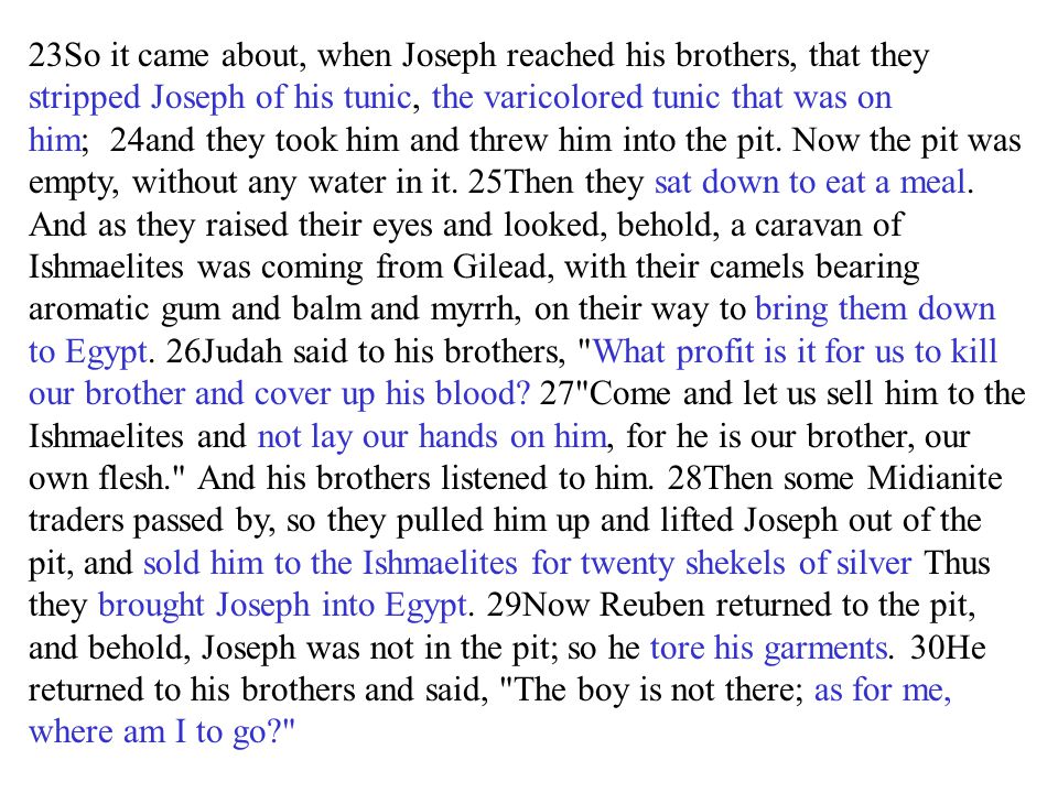 23So it came about, when Joseph reached his brothers, that they stripped Joseph of his tunic, the varicolored tunic that was on him; 24and they took him and threw him into the pit.