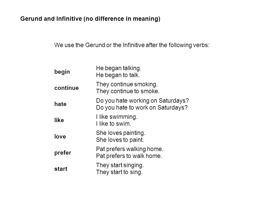 We use the Gerund or the Infinitive after the following verbs: begin He began talking.