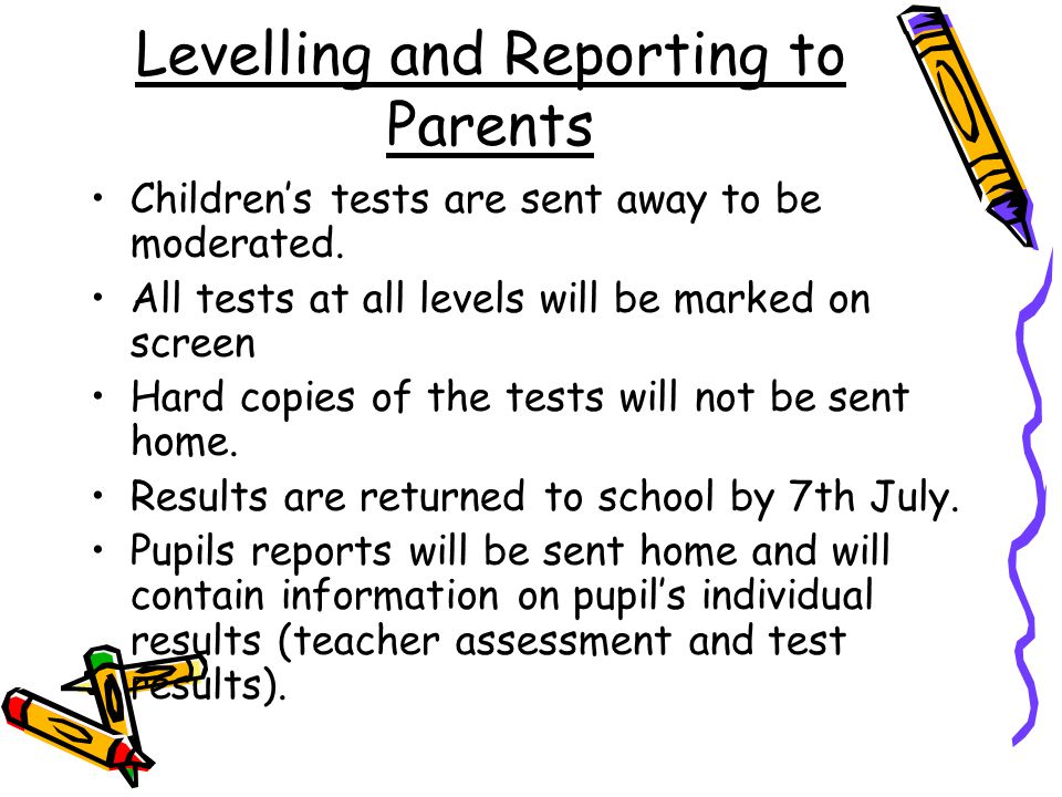 Levelling and Reporting to Parents Children’s tests are sent away to be moderated.