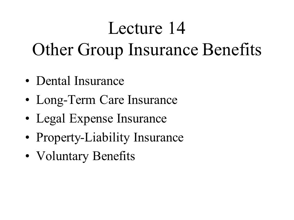 Lecture 14 Other Group Insurance Benefits Dental Insurance Long-Term Care Insurance Legal Expense Insurance Property-Liability Insurance Voluntary Benefits
