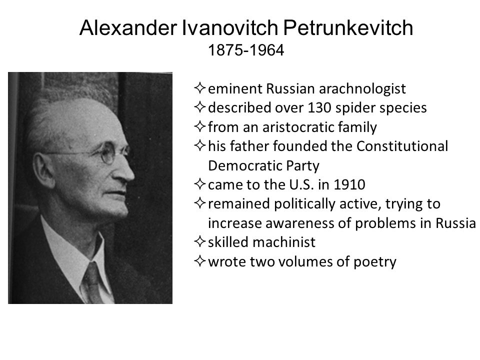 Alexander Ivanovitch Petrunkevitch  eminent Russian arachnologist  described over 130 spider species  from an aristocratic family  his father founded the Constitutional Democratic Party  came to the U.S.