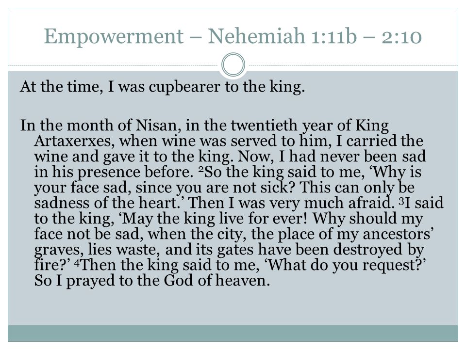 Empowerment – Nehemiah 1:11b – 2:10 At the time, I was cupbearer to the king.