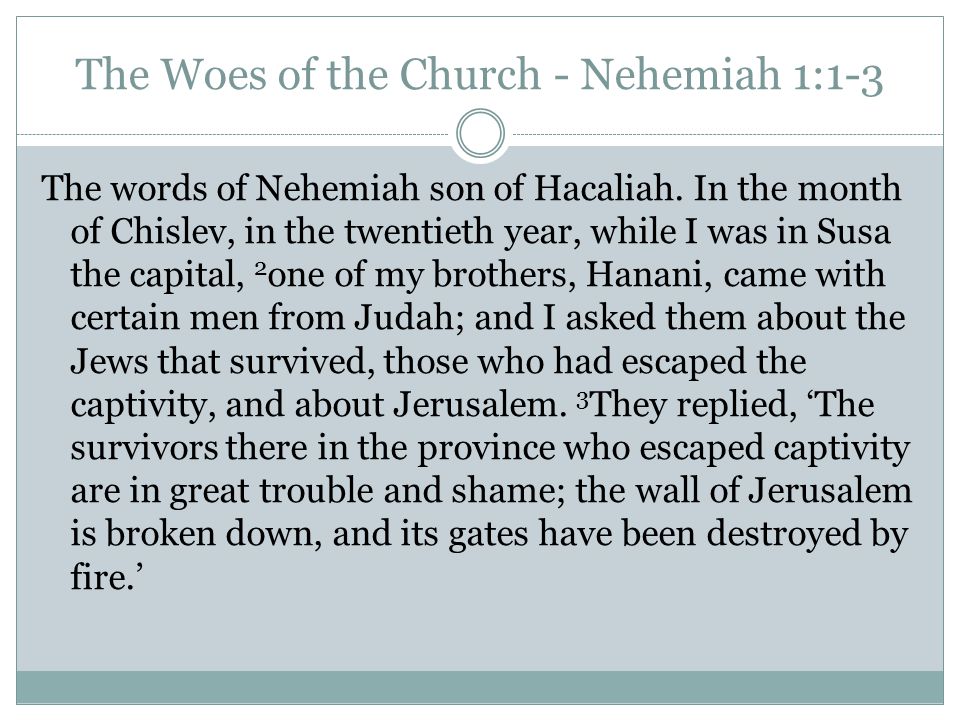 The Woes of the Church - Nehemiah 1:1-3 The words of Nehemiah son of Hacaliah.