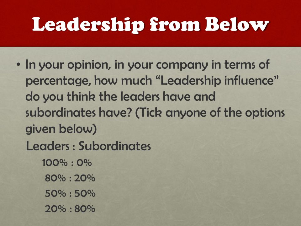 Leadership from Below In your opinion, in your company in terms of percentage, how much Leadership influence do you think the leaders have and subordinates have.