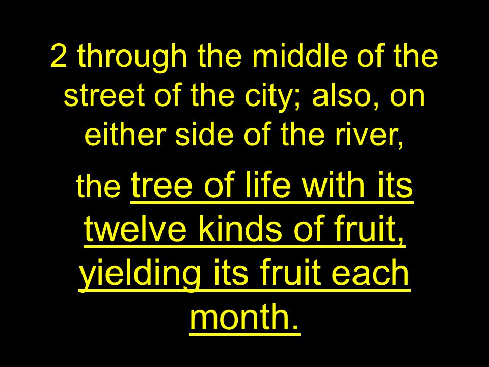 2 through the middle of the street of the city; also, on either side of the river, the tree of life with its twelve kinds of fruit, yielding its fruit each month.