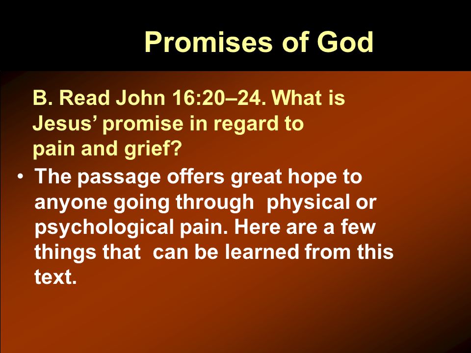 Promises of God The passage offers great hope to anyone going through physical or psychological pain.