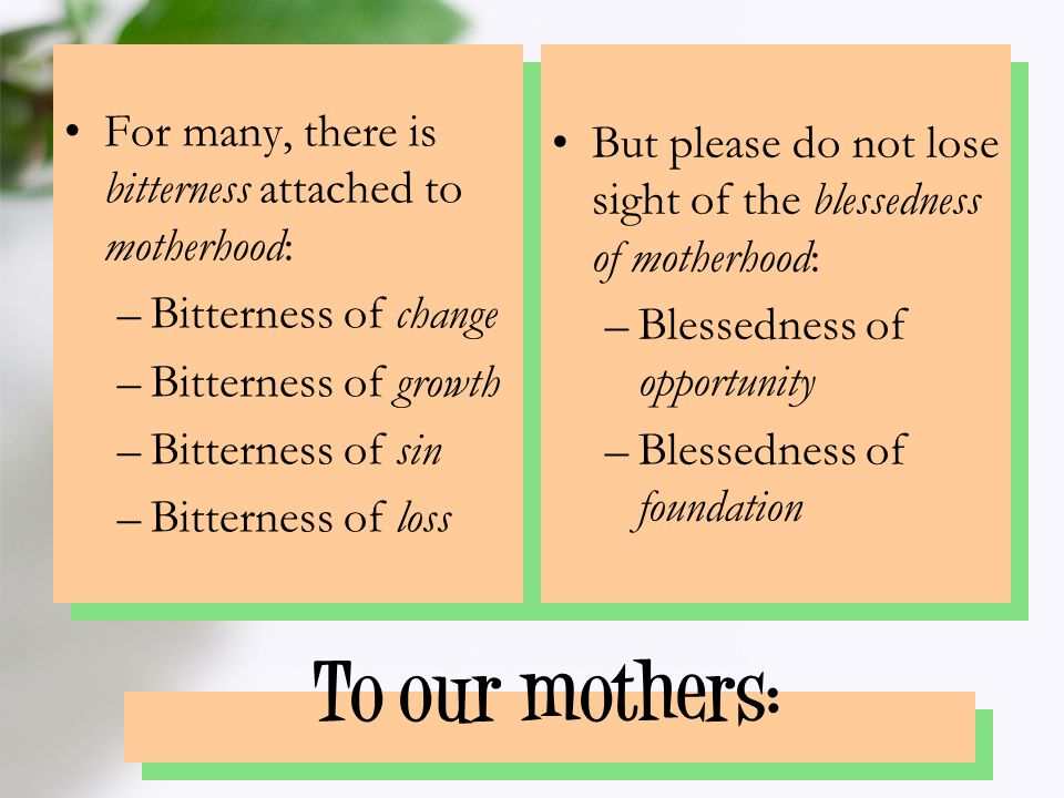 To our mothers: For many, there is bitterness attached to motherhood: –Bitterness of change –Bitterness of growth –Bitterness of sin –Bitterness of loss But please do not lose sight of the blessedness of motherhood: –Blessedness of opportunity –Blessedness of foundation
