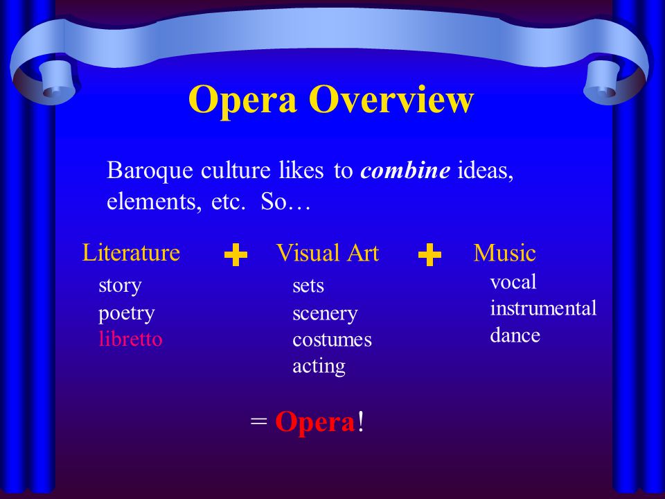 Opera Overview Literature story poetry libretto Music vocal instrumental dance Visual Art sets scenery costumes acting Baroque culture likes to combine ideas, elements, etc.