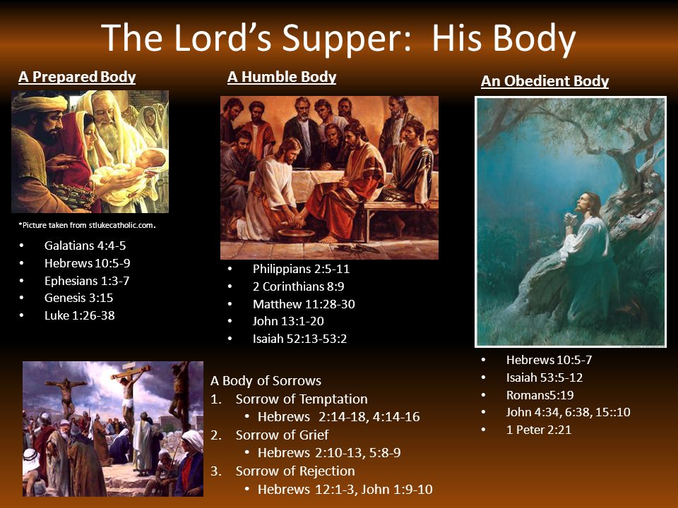 The Lord’s Supper: His Body Galatians 4:4-5 Hebrews 10:5-9 Ephesians 1:3-7 Genesis 3:15 Luke 1:26-38 A Humble Body Philippians 2: Corinthians 8:9 Matthew 11:28-30 John 13:1-20 Isaiah 52:13-53:2 An Obedient Body Hebrews 10:5-7 Isaiah 53:5-12 Romans5:19 John 4:34, 6:38, 15::10 1 Peter 2:21 A Body of Sorrows 1.Sorrow of Temptation Hebrews 2:14-18, 4: Sorrow of Grief Hebrews 2:10-13, 5:8-9 3.Sorrow of Rejection Hebrews 12:1-3, John 1:9-10 *Picture taken from stlukecatholic.com.