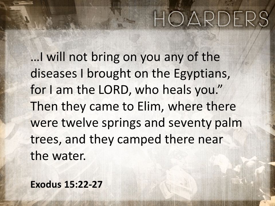 Exodus 15:22-27 …I will not bring on you any of the diseases I brought on the Egyptians, for I am the LORD, who heals you. Then they came to Elim, where there were twelve springs and seventy palm trees, and they camped there near the water.