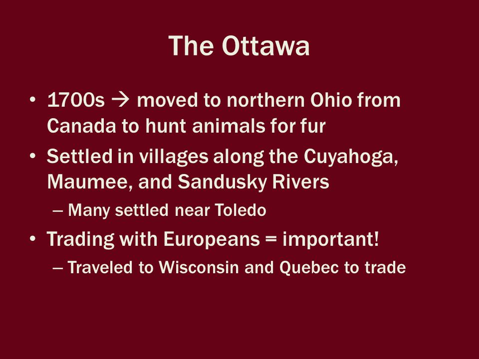 The Ottawa 1700s  moved to northern Ohio from Canada to hunt animals for fur Settled in villages along the Cuyahoga, Maumee, and Sandusky Rivers – Many settled near Toledo Trading with Europeans = important.