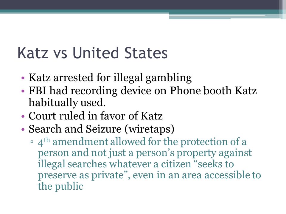 Katz vs United States Katz arrested for illegal gambling FBI had recording device on Phone booth Katz habitually used.