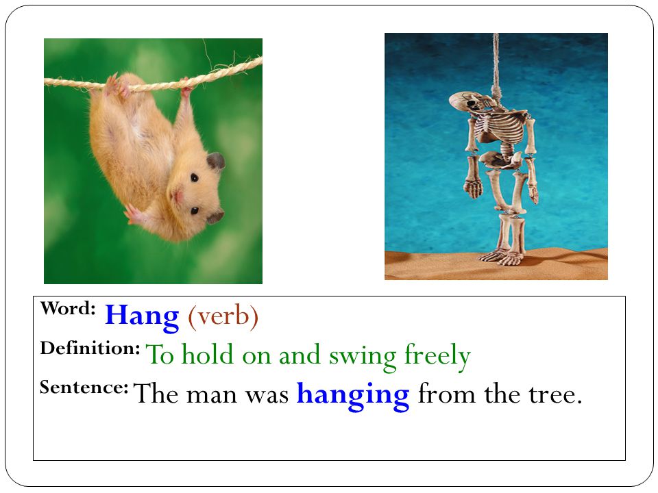 Vocabulary 1. Word: Hang (verb) Definition: To hold on and swing freely  Sentence: The man was hanging from the tree. - ppt download
