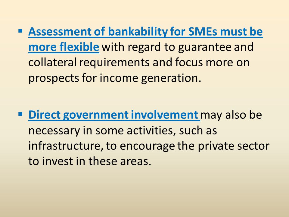  Assessment of bankability for SMEs must be more flexible with regard to guarantee and collateral requirements and focus more on prospects for income generation.