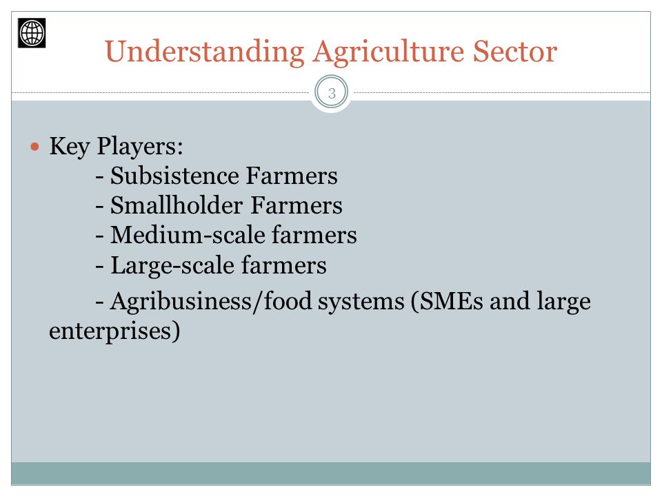 Understanding Agriculture Sector Key Players: - Subsistence Farmers - Smallholder Farmers - Medium-scale farmers - Large-scale farmers - Agribusiness/food systems (SMEs and large enterprises) 3
