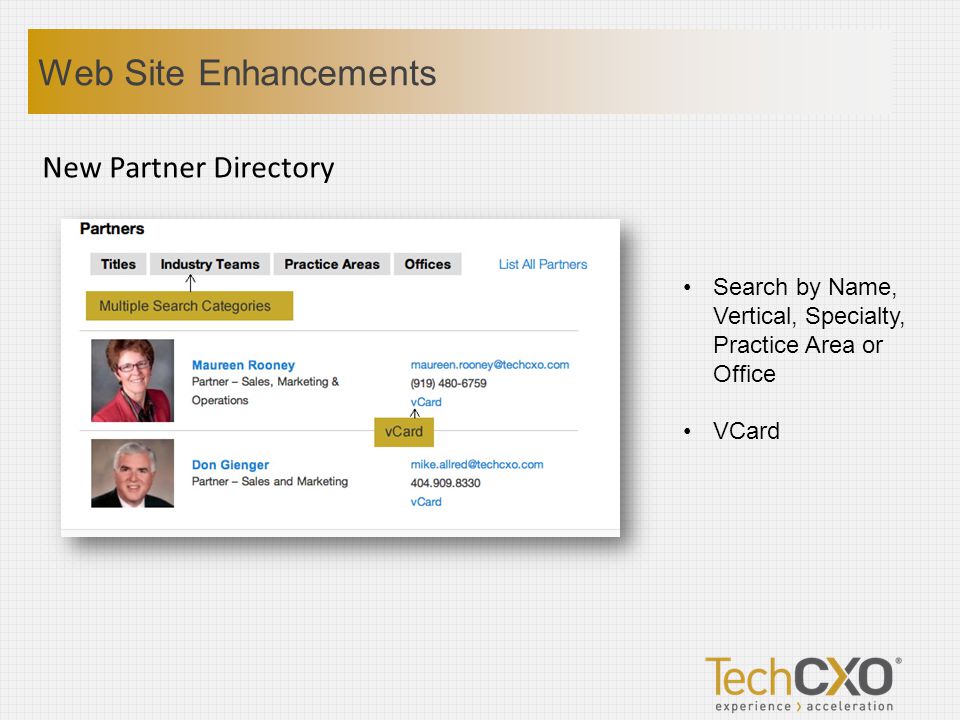 New Partner Directory Search by Name, Vertical, Specialty, Practice Area or Office VCard Web Site Enhancements