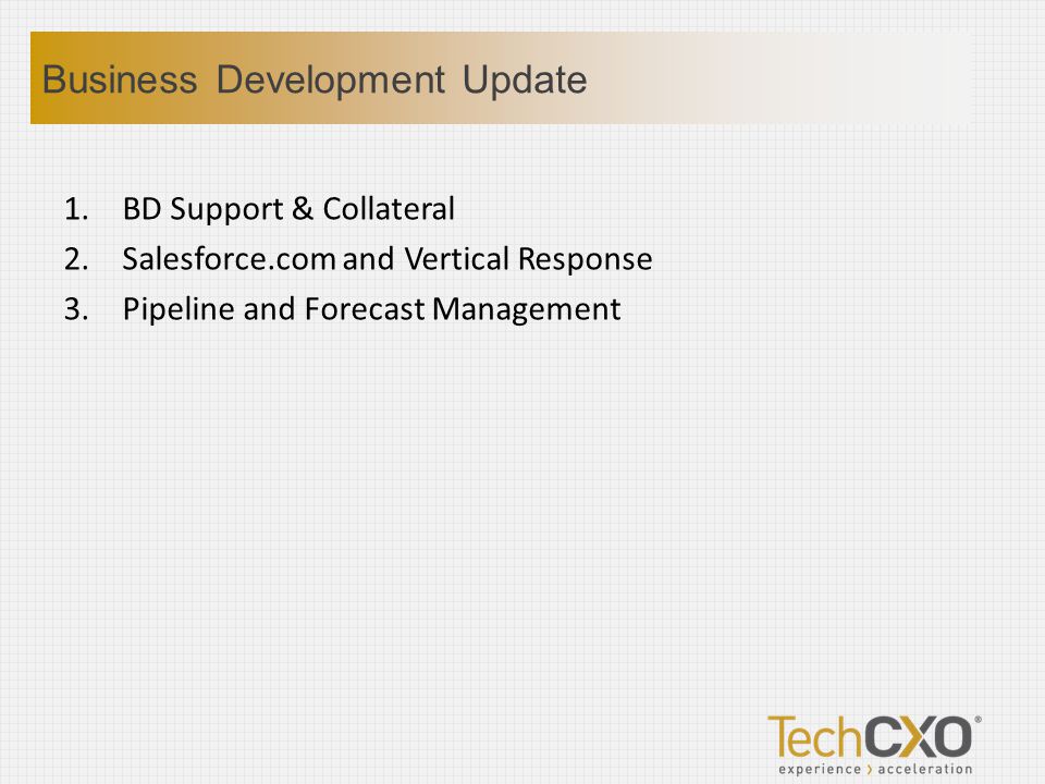 1.BD Support & Collateral 2.Salesforce.com and Vertical Response 3.Pipeline and Forecast Management Business Development Update