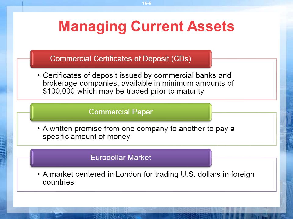 16-6 Managing Current Assets Certificates of deposit issued by commercial banks and brokerage companies, available in minimum amounts of $100,000 which may be traded prior to maturity Commercial Certificates of Deposit (CDs) A written promise from one company to another to pay a specific amount of money Commercial Paper A market centered in London for trading U.S.