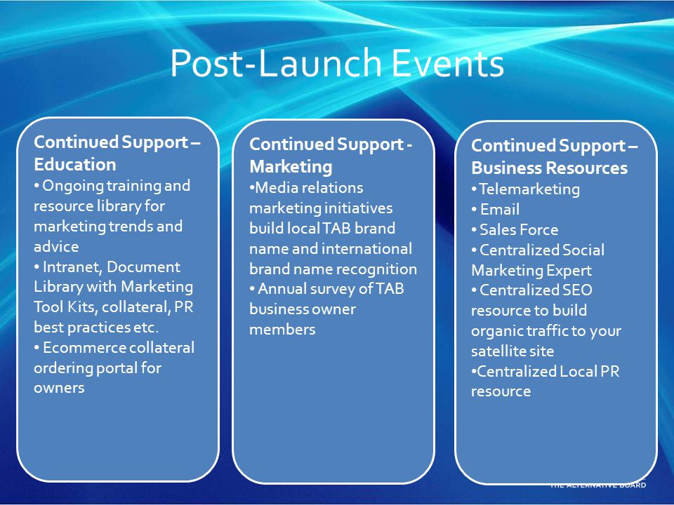 Post-Launch Events Continued Support – Education Ongoing training and resource library for marketing trends and advice Intranet, Document Library with Marketing Tool Kits, collateral, PR best practices etc.