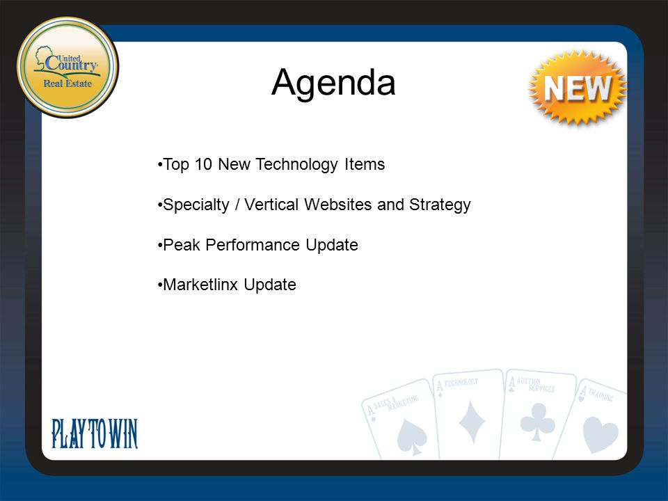 Agenda Top 10 New Technology Items Specialty / Vertical Websites and Strategy Peak Performance Update Marketlinx Update
