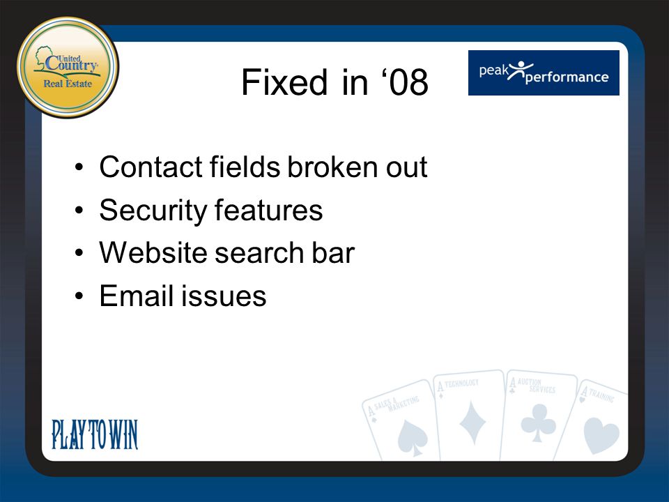 Fixed in ‘08 Contact fields broken out Security features Website search bar  issues