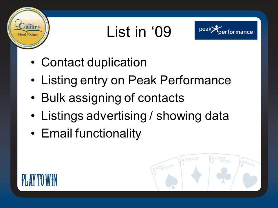 List in ‘09 Contact duplication Listing entry on Peak Performance Bulk assigning of contacts Listings advertising / showing data  functionality